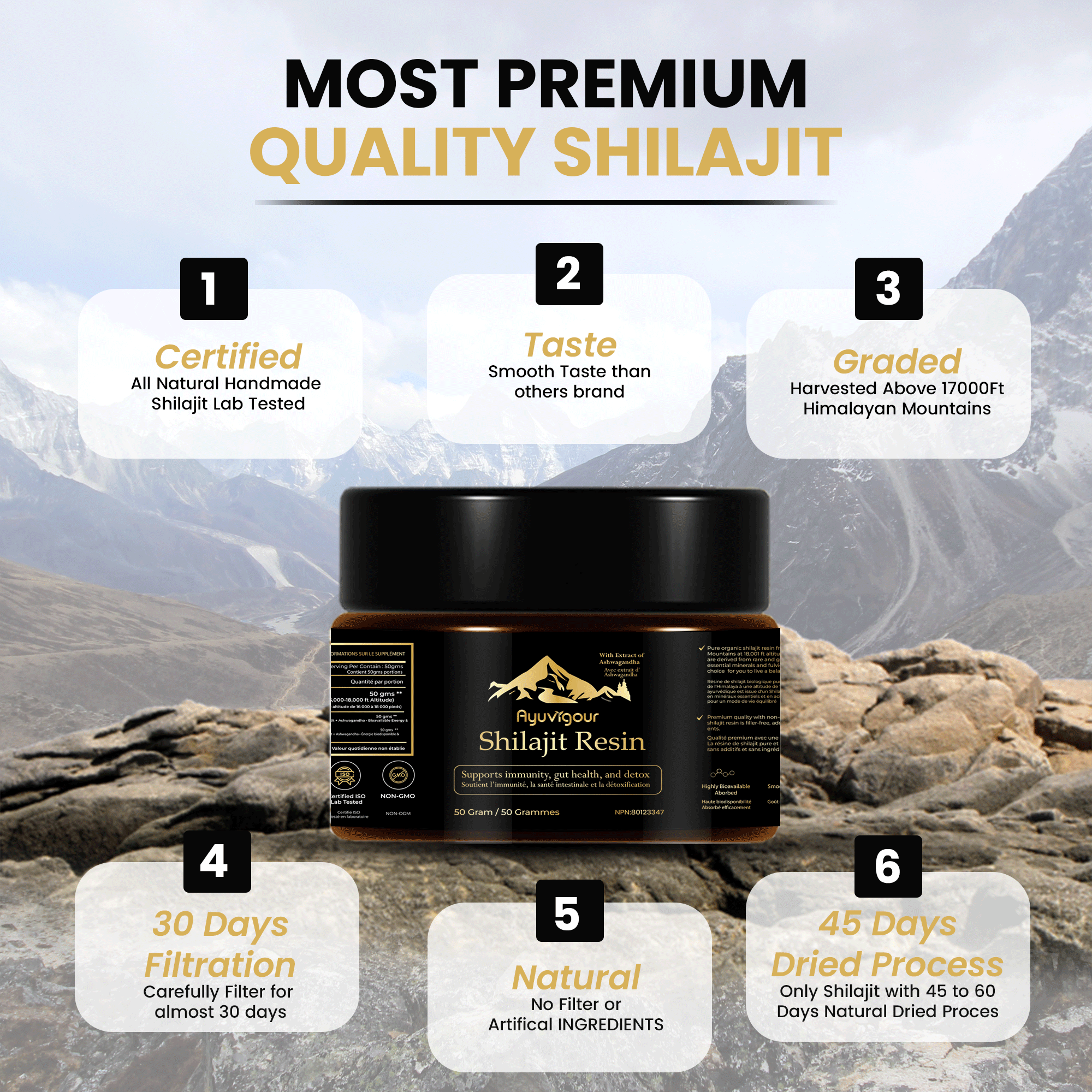 Ayuvigour Pure Himalayan Shilajit Resin - 50g | 100% Pure Raw Resin with Fulvic Acid | Lab-Tested Potency | Natural Energy & Vitality