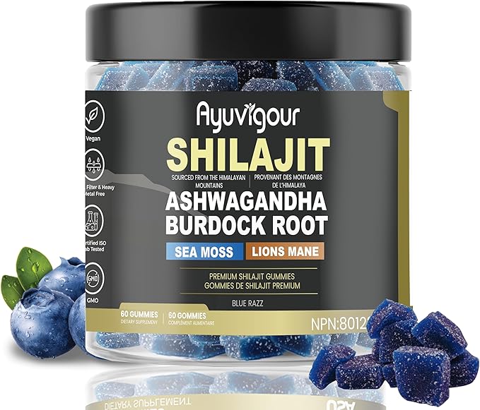 Ayuvigour Himalayan Shilajit Superblend Gummies - 60ct | Ashwagandha, Sea Moss, Lions Mane | Lab-Tested Blue Razz Flavor