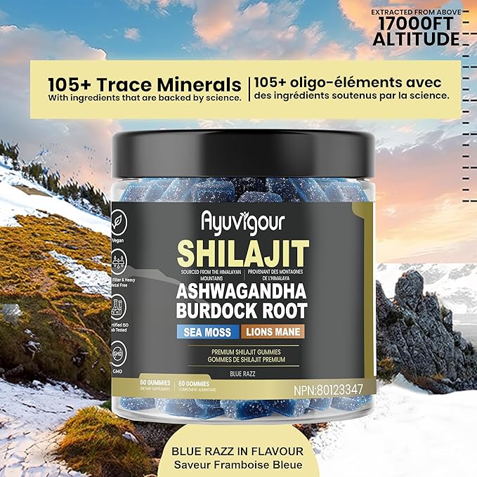 Ayuvigour Himalayan Shilajit Superblend Gummies - 60ct | Ashwagandha, Sea Moss, Lions Mane | Lab-Tested Blue Razz Flavor