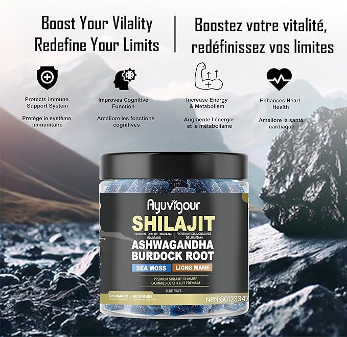 Ayuvigour Himalayan Shilajit Superblend Gummies - 60ct | Ashwagandha, Sea Moss, Lions Mane | Lab-Tested Blue Razz Flavor