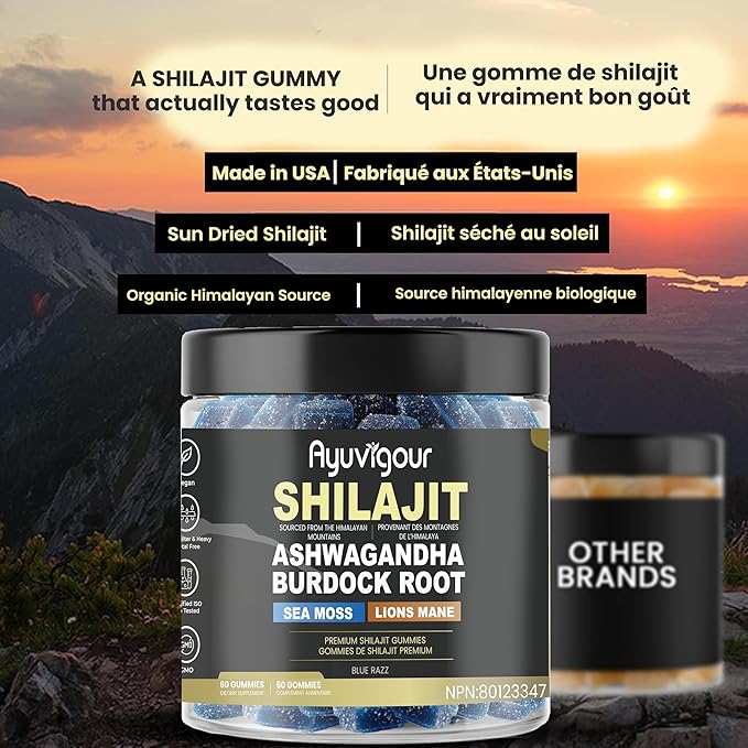 Ayuvigour Himalayan Shilajit Superblend Gummies - 60ct | Ashwagandha, Sea Moss, Lions Mane | Lab-Tested Blue Razz Flavor