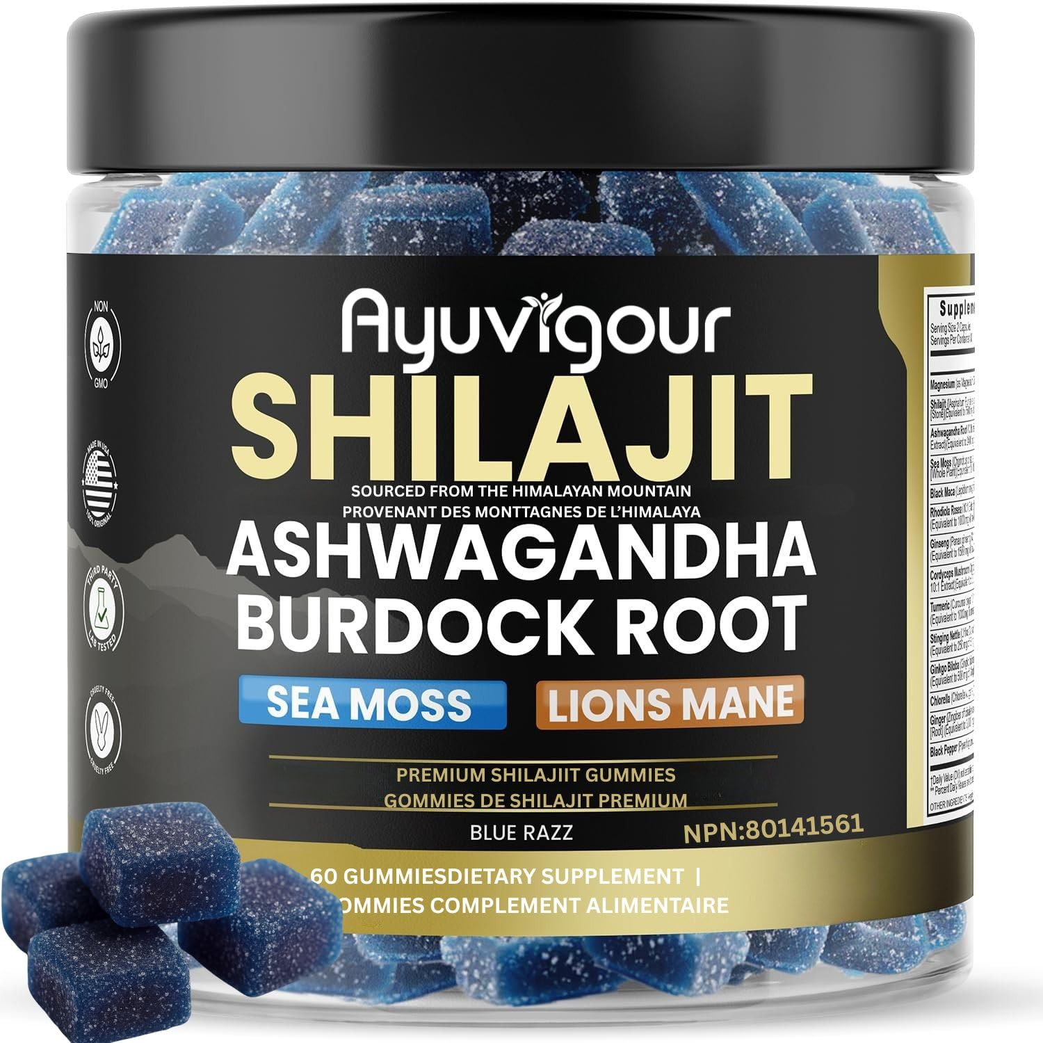 Ayuvigour Himalayan Shilajit Superblend Gummies - 60ct | Ashwagandha, Sea Moss, Lions Mane | Lab-Tested Blue Razz Flavor