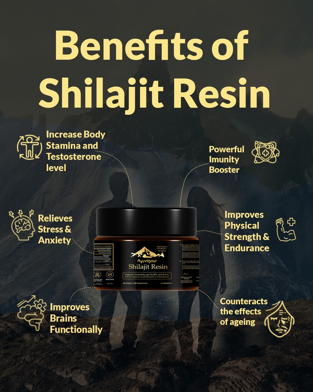 Ayuvigour Pure Himalayan Shilajit Resin - 50g | 100% Pure Raw Resin with Fulvic Acid | Lab-Tested Potency | Natural Energy & Vitality